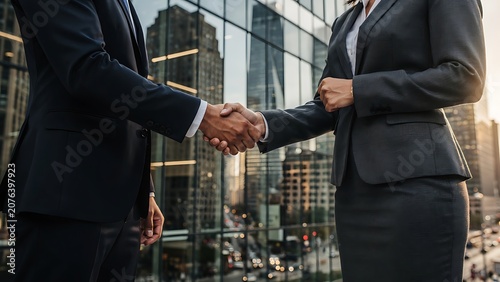 A man and woman in business suits shake hands in front of a modern city skyline, symbolizing a successful partnership and professional agreement.