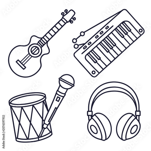 Fotografia Set of four outline musical instrument icons featuring a classic acoustic guitar synthesizer keyboard handheld vocal microphone and modern stereo headphones for music studio design graphic collection