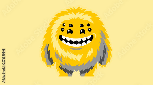 фотографія Flat Vector Illustration of a Fuzzy Yellow Round Monster with Multiple Small Bla
