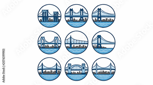 Photos Flat Icon Set of Famous New York City Bridges in Circular Frames, Featuring Broo