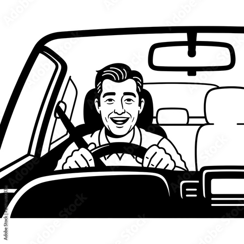 Happy man driving vintage car with joyful expression.