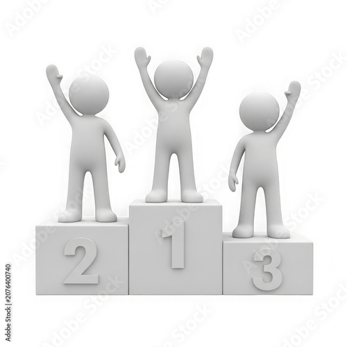 Three celebratory figures standing on podiums with numbered positions transparent background