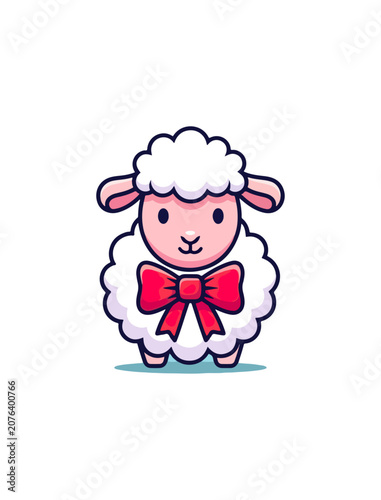 Cute cartoon sheep with red bow illustration