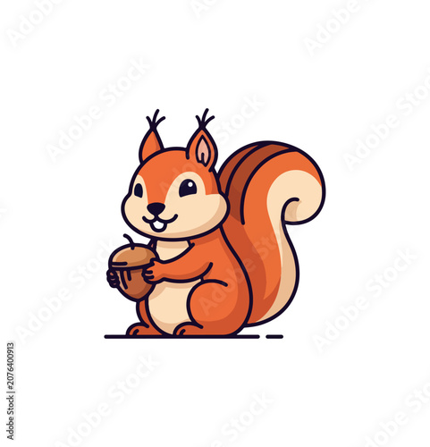 Cute cartoon squirrel holding acorn isolated on black background