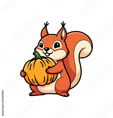 Cute cartoon squirrel holding pumpkin