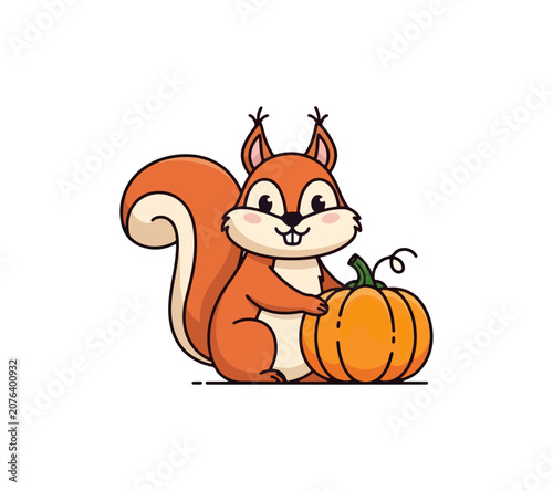 Cute cartoon squirrel with pumpkin illustration