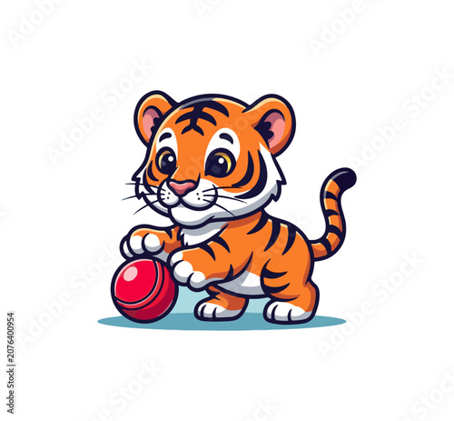 Cute cartoon tiger playing with a red ball