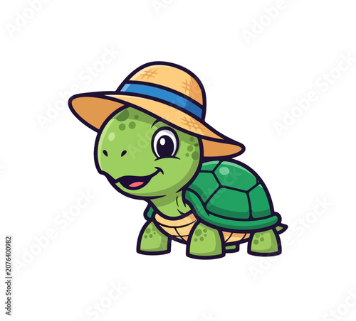 Cute cartoon turtle wearing straw hat