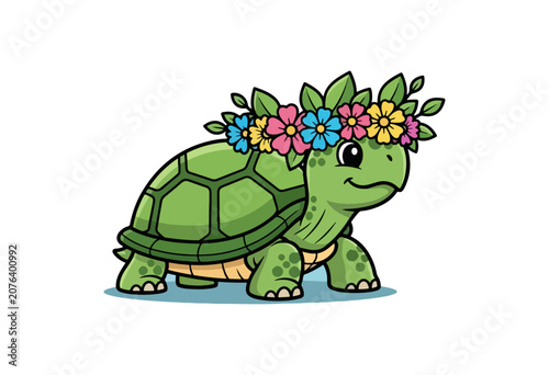 Cute cartoon turtle with flower crown illustration