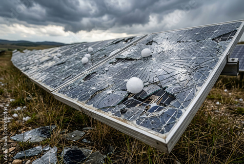 Severely damaged solar panels shattered by hailstorm under dark, stormy sky. Broken glass and hailstones on panels in rural hilly landscape, showing impact of extreme weather.
