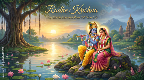 Divine Radha Krishna playing flute beside a serene lotus lake at sunset with ancient temple landscape devotional artwork