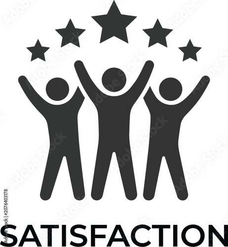 Minimalist black icon showing three happy people cheering under five stars for high customer satisfaction