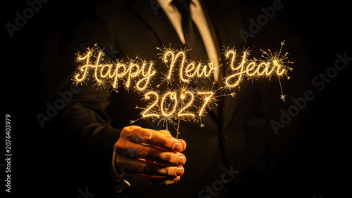 Happy New Year 2027 celebration with sparkling text and a blurred man in a suit