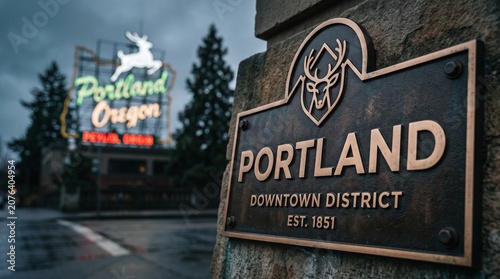 Portland Downtown District Sign at Dusk with City Welcome