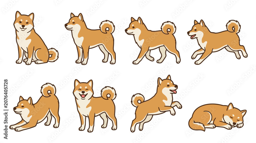 Obraz premium Set of cute Shiba Inu dog illustrations in various poses and actions.
