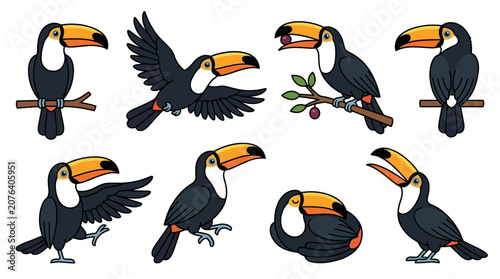 Set of cute cartoon toucan birds in various poses and actions.