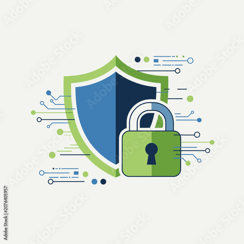 Digital Security Shield and Padlock Icon with Circuitry