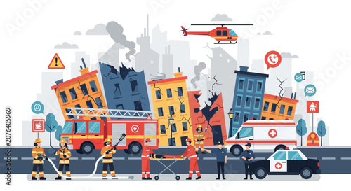Disaster relief scene with emergency services, damaged buildings, and rescue operations