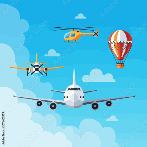 Diverse Aircraft and Hot Air Balloon Flying in Blue Sky with Clouds