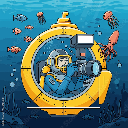 Diver in Submarine Photographing Underwater Life