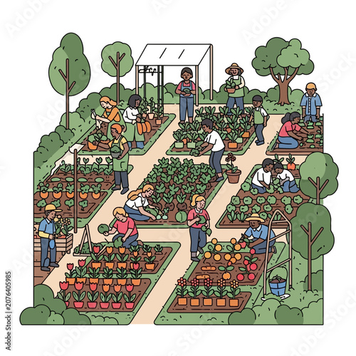 Diverse Community Garden: People Planting and Harvesting Vegetables and Flowers