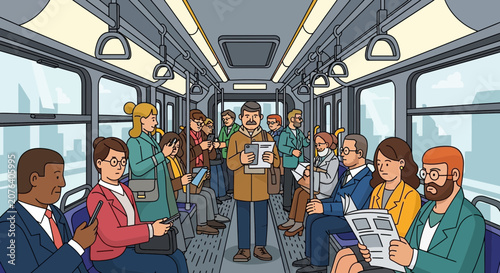 Diverse commuters traveling on a crowded public transport train, city view