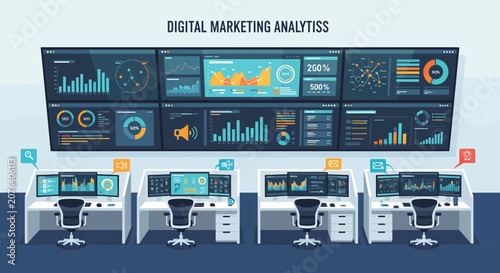 Digital Marketing Analytics Dashboard with Multiple Monitors and Workstations