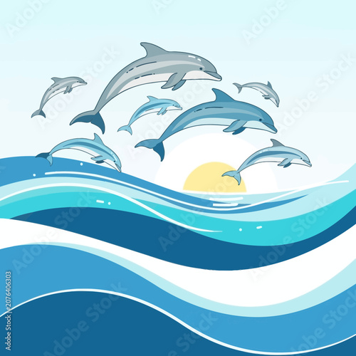 Canvas Print Dolphin Pod Leaping Ocean Waves Sunrise