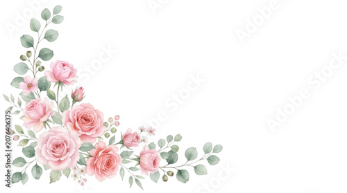 Watercolor floral corner arrangement with pink roses and eucalyptus, isolated on transparent background