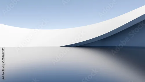 Fototapeta na wymiar Abstract 3D render of white curved architectural wall on reflective floor with blue sky background. Minimalist futuristic outdoor space