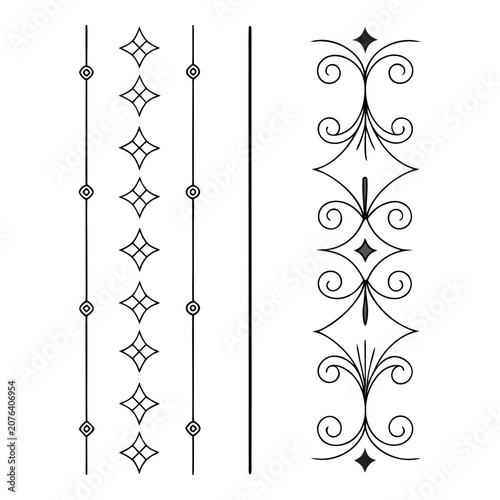 Obraz na plátně Decorative iron balusters and railing design elements isolated vector illustration set, elegant swirl and geometric patterns for fencing, balcony, and staircase decorations