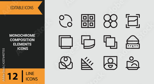 Photos Essential monochrome composition elements outline icons for creative user interf