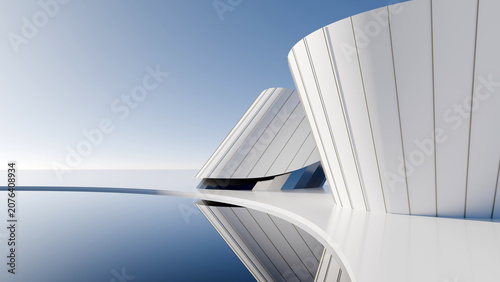 Abstract 3D render of white minimalist architectural structures reflected on water under a blue sky. Modern futuristic pavilion design