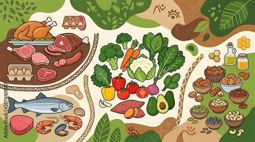 Selection of healthy paleo and keto diet food for balanced nutrition