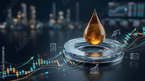 Energy commodity trading concept showing glowing oil drop over rising financial charts representing petroleum market investment and growth