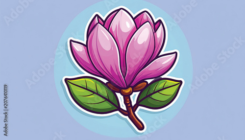 Pink Magnolia Flower with Green Leaves.