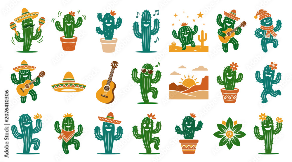 Naklejka premium Mexican Cactus Characters Flat Vector Illustration Set for Festive Fiesta and Desert Themes