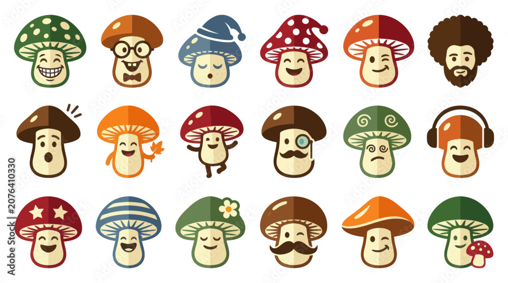 Obraz premium Cute Cartoon Mushroom Characters Flat Vector Illustration Set. Nature, Food, and Fungi Emoticon Design.