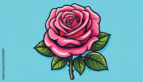 Pink Rose Flower with Green Leaves.