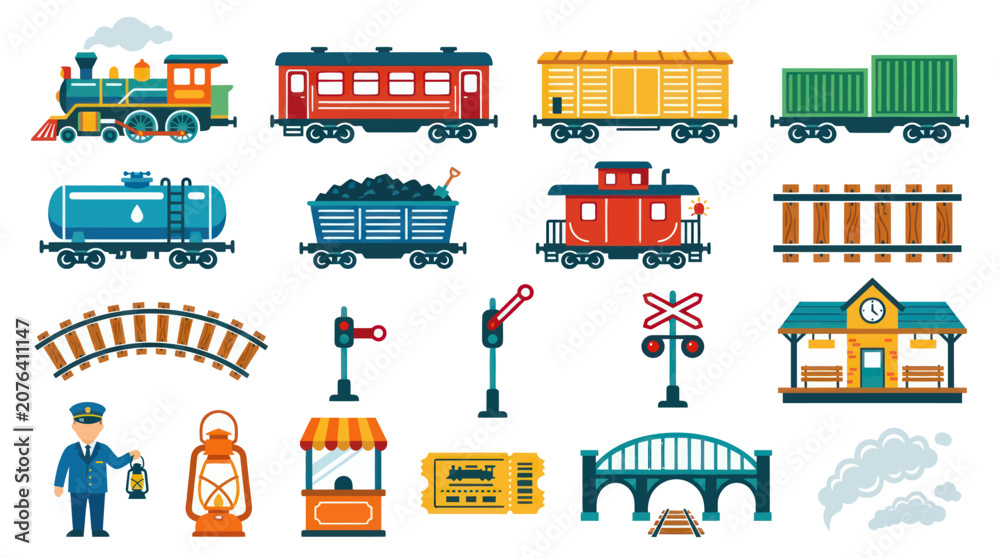 Naklejka premium Flat Vector Icons of Train and Railway Elements, Transportation and Industry
