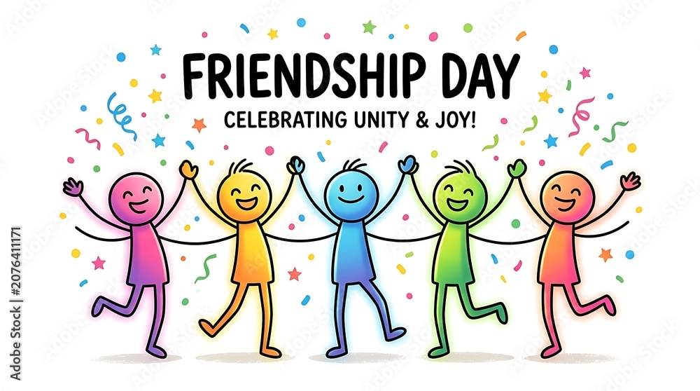 Fototapeta premium Friendship day illustration diverse group of friends celebrating together with confetti and joyful expressions
