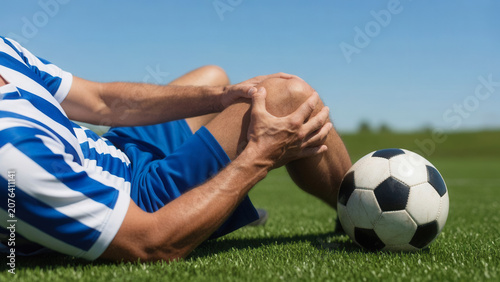 Male athlete clutching injured knee on soccer field, sports medicine and rehabilitation after accident