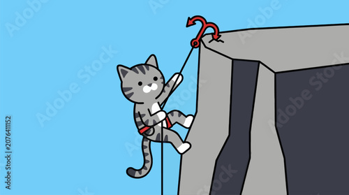 Tableau sur toile Cute Flat Vector Cat Character Ascending a Cliff Face with a Grappling Hook, Blu