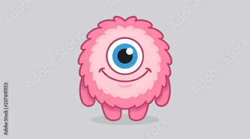 Cuadro en lienzo Cute Flat Pink Fluffy Monster with One Big Blue Eye and Short Stubby Legs, Smili