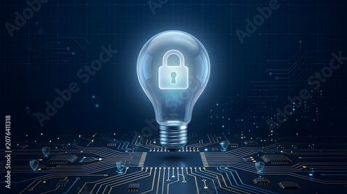Intellectual property protection concept with glowing lightbulb enclosing a padlock on digital circuit board