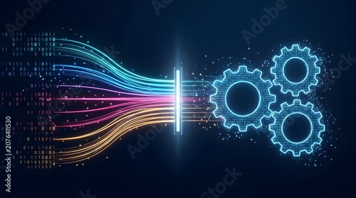 Digital transformation process featuring colorful data streams converting into glowing mechanical gears representing workflow automation