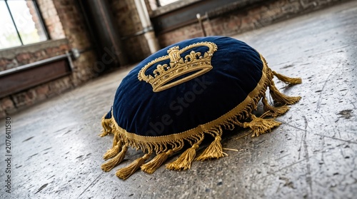 Close up of royal crown embroidered pet cushion on concrete floor.