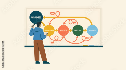 Flat Vector Illustration of a Customer Journey Map with Stages: Awareness, Consideration, Purchase, Retention, Advocacy, and a Person Presenting the Diagram