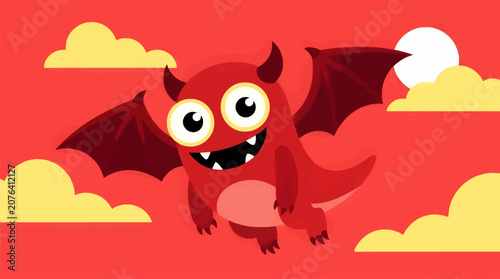 Flat Vector Illustration of a Cute Red Monster with Wings and Horns Flying in a Red Sky with Yellow Clouds and a White Sun, Whimsical Cartoon Character Design