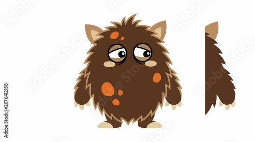 Flat Vector Illustration of a Fluffy Brown Monster with Orange Spots, Looking Sad with Droopy Eyes, Isolated on White Background, Side View of Tail and Ear